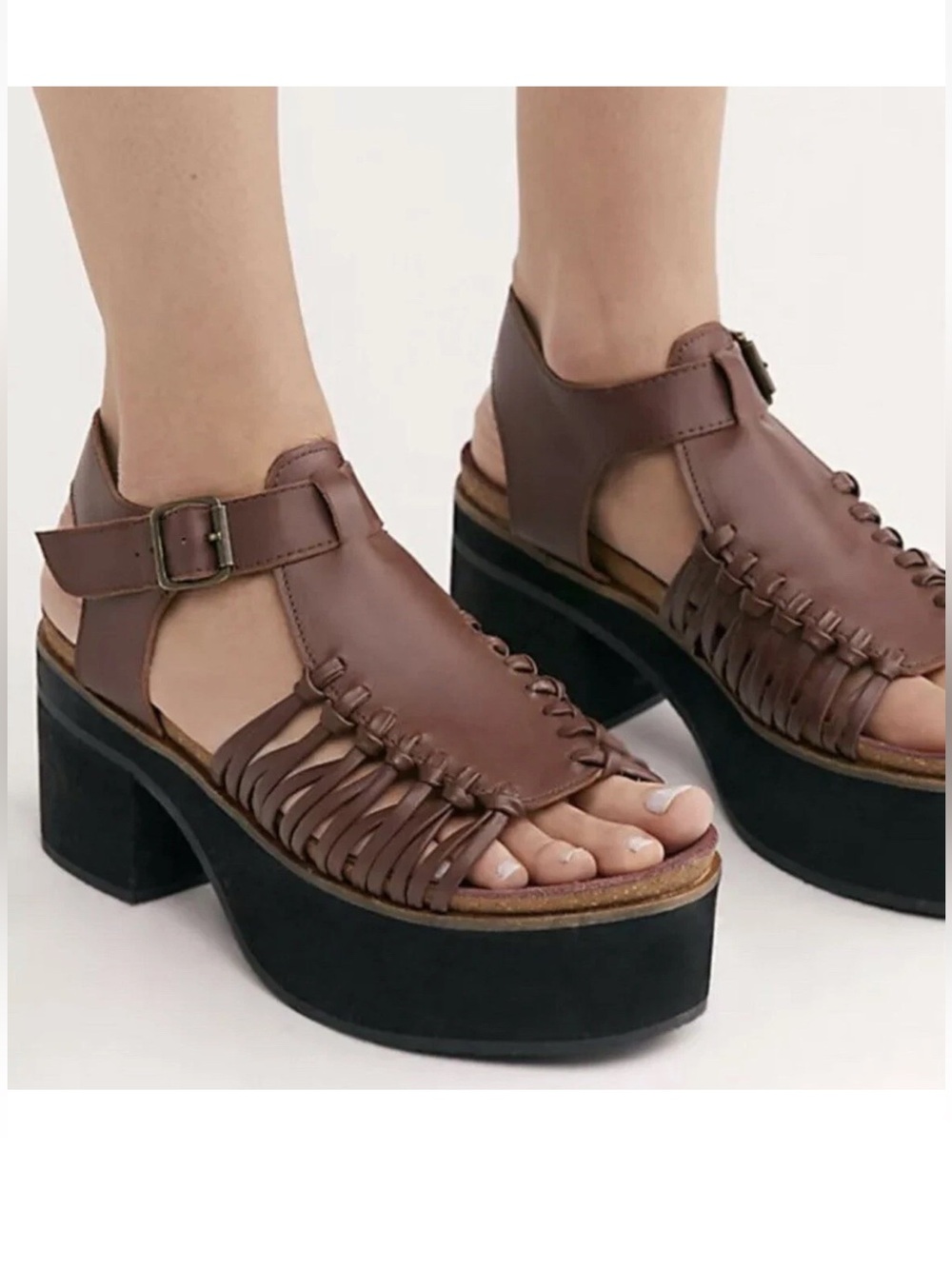 Free People Ava Platform Sandal Burgundy Huarache Weaved Leather 38